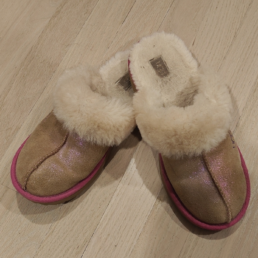 UGG Tan and Pink Shearling Slippers